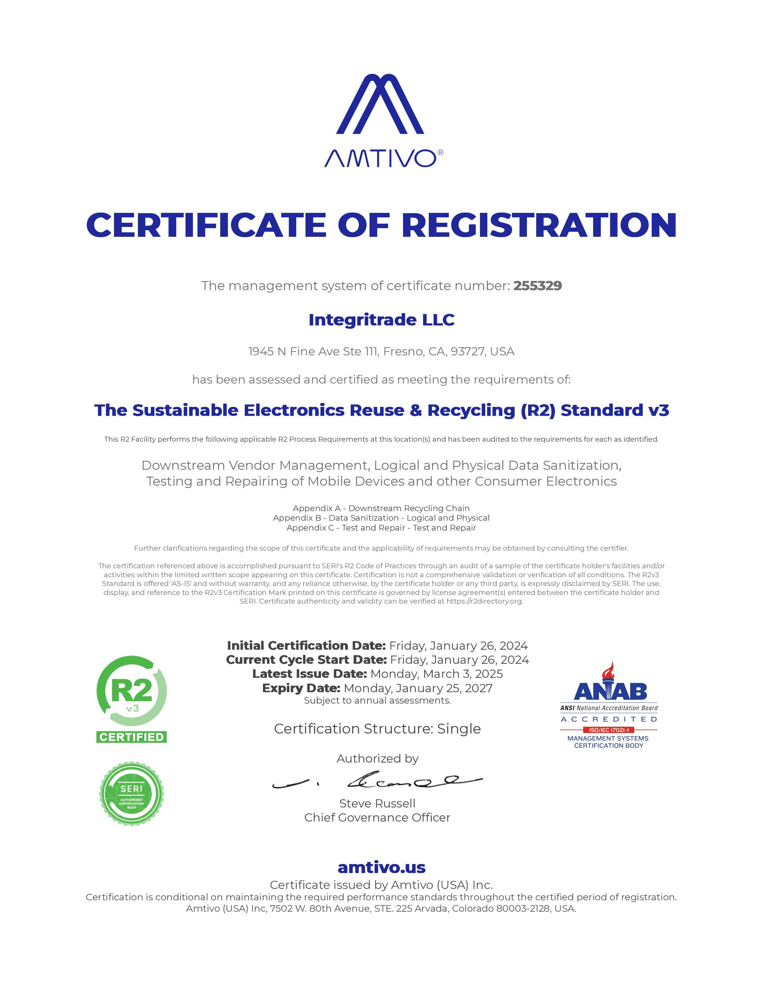 Amtivo (USA) Inc. - ANAB Accredited R2v3 Standard Certificate